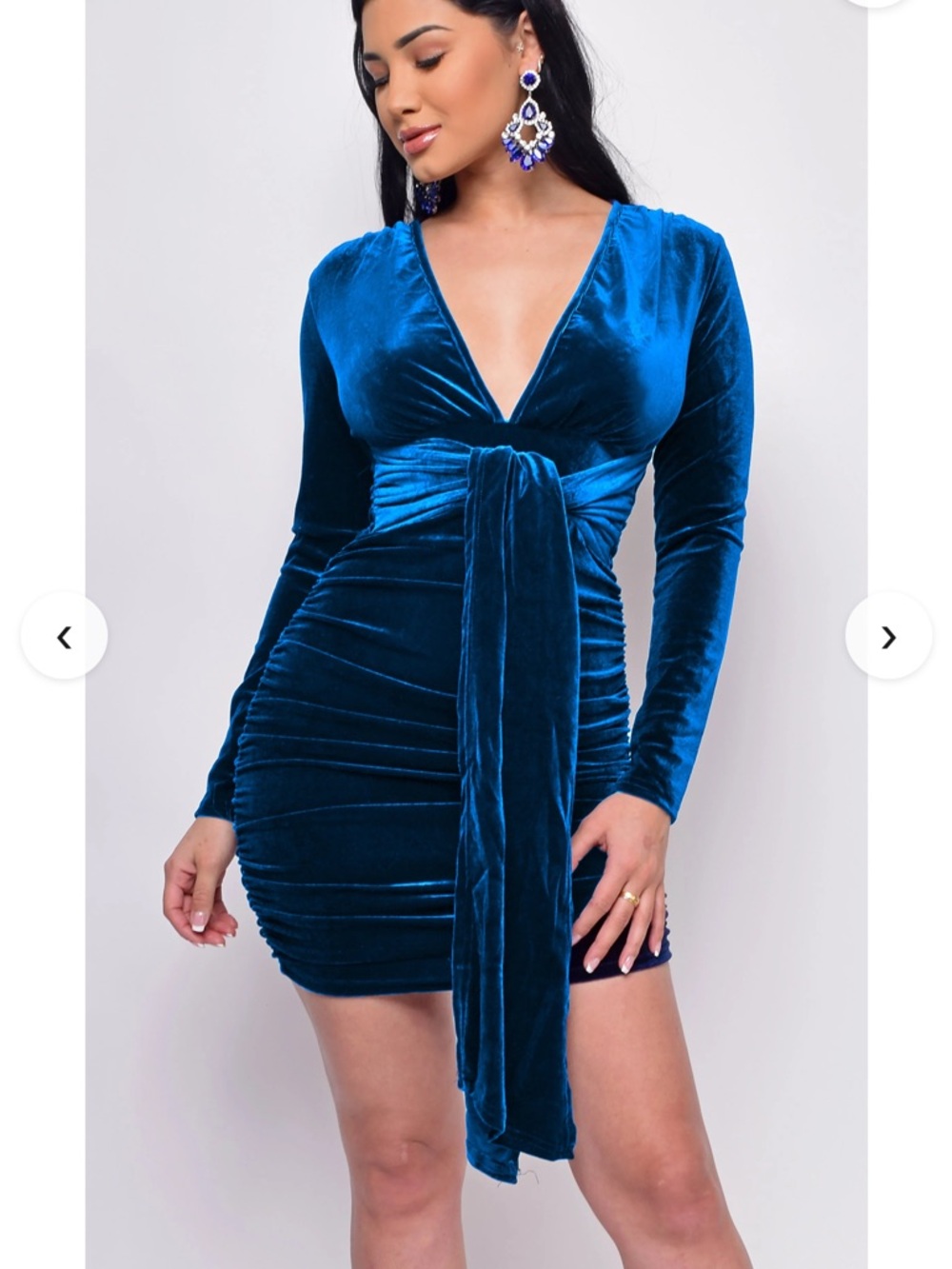 Emprada Electric Blue Velvet Long-Sleeve Tie-Waist Mini Dress